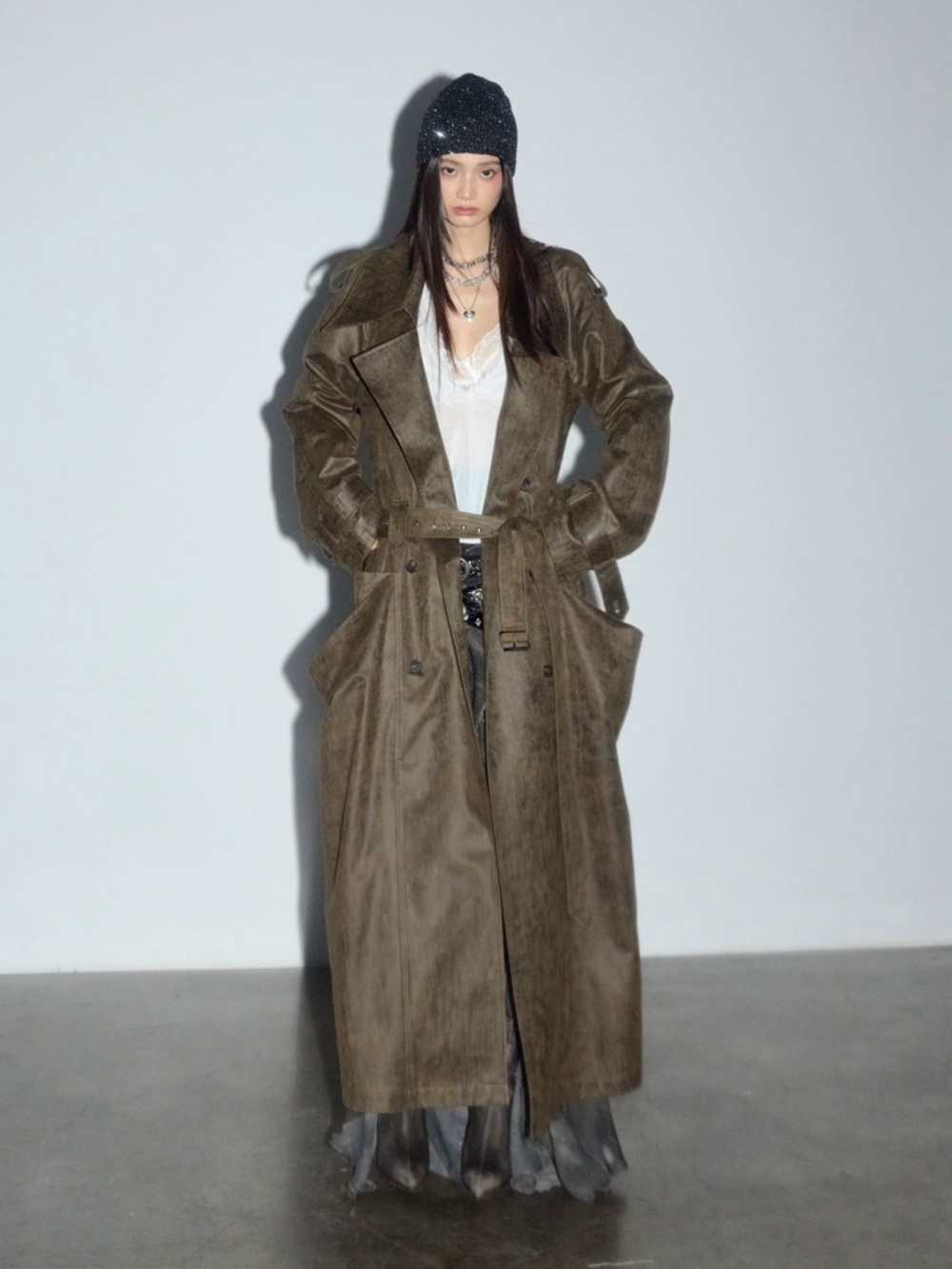 JNYLON STUDIOS Long Olive  Trench Coat with Belt NWT - Picture 2 of 5